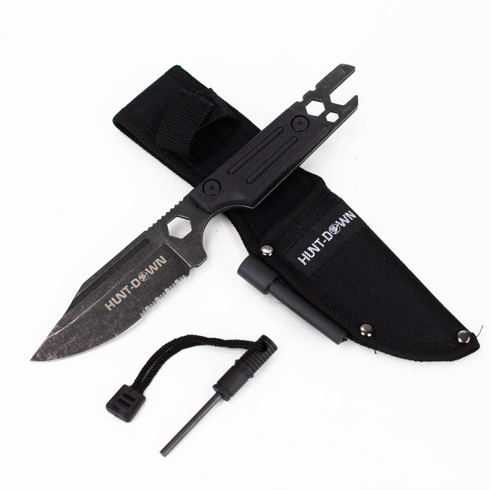 Hunt-Down | 9.5" Stonewashed Fixed Blade Full Tang Tactical Knife Sheath & Wrench [9839]