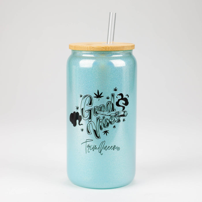 TRIM QUEEN | GOOD VIBES GLASS TUMBLER WITH LID AND STRAW