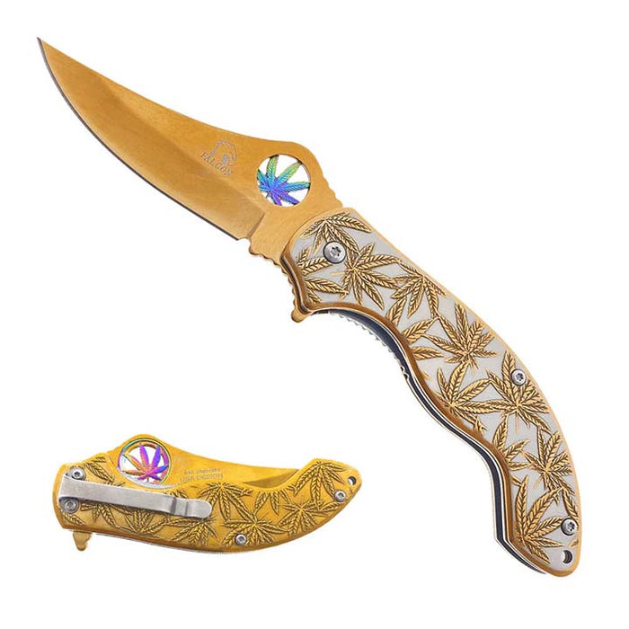 Falcon 7.5" Spring Assisted Knife w/ Gold ABS Marijuana Design_0